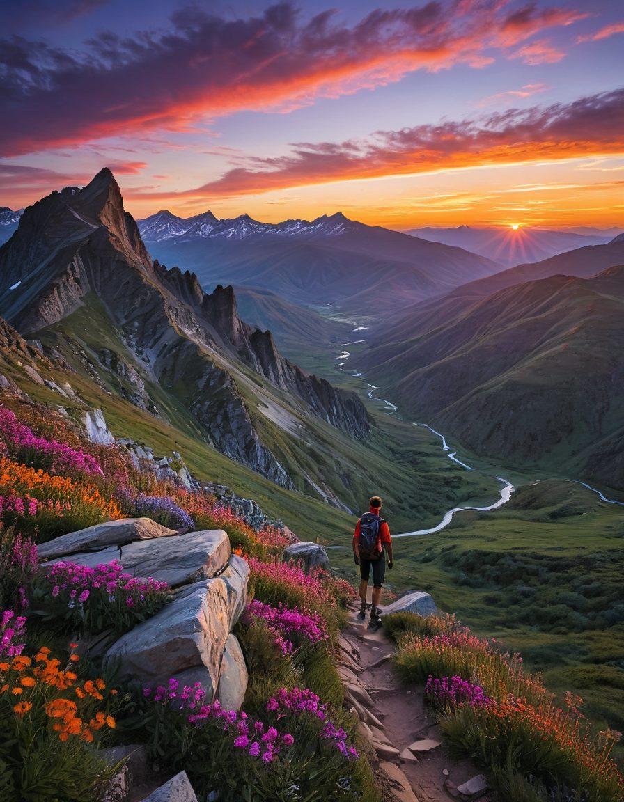 A breathtaking landscape featuring a backpacker standing on a mountain peak, gazing at a stunning sunset over the valleys. The scene should include lush greenery, wildflowers, and a winding trail leading into the distance, symbolizing adventure and exploration. Bright colors to evoke a sense of excitement and wanderlust. high-resolution. vibrant colors. panoramic view.