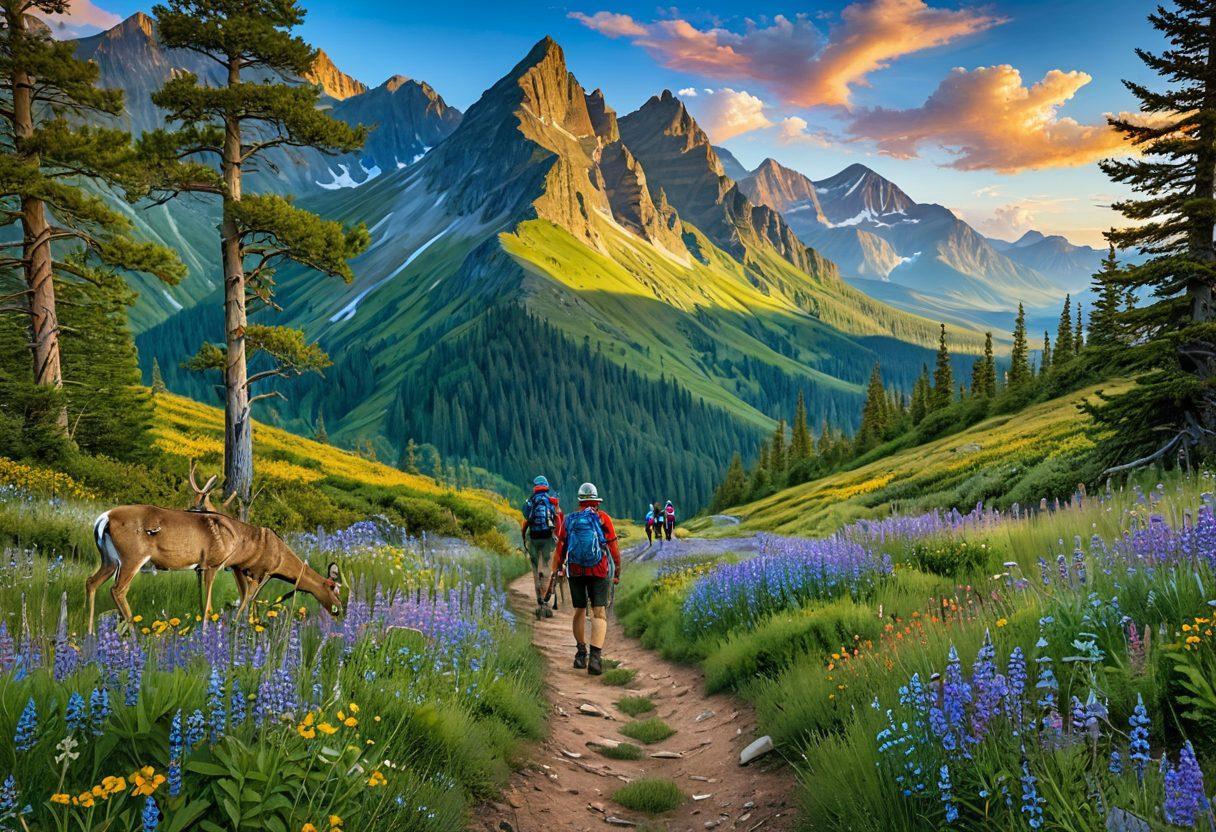 A breathtaking mountain landscape with winding trails, showcasing diverse wildlife like deer and birds, emphasizing the beauty of outdoor excursions. Include a group of hikers in vibrant outdoor gear, actively supervising the trail. The sky should be bright and inviting, reflecting the joy of exploration. Illustrate with lush greenery and colorful wildflowers along the path. super-realistic. vibrant colors. 3D.
