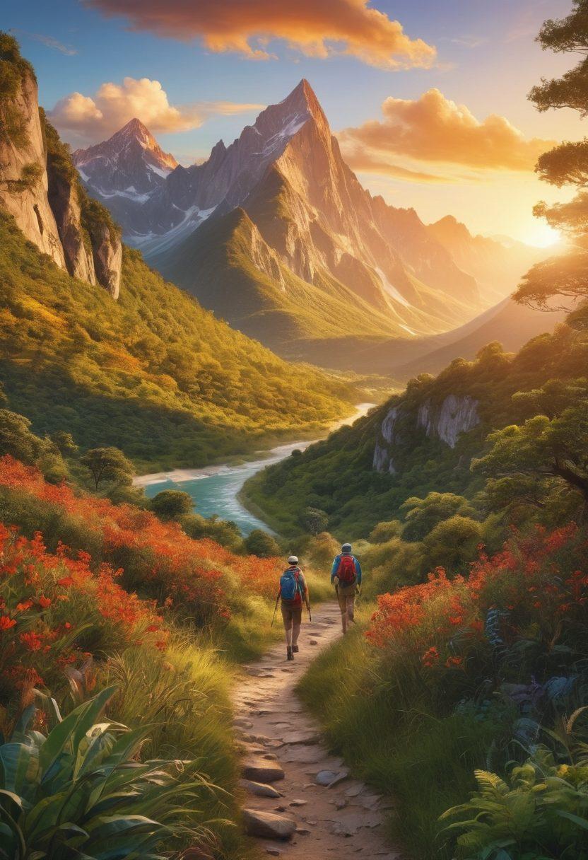A breathtaking landscape showcasing a vibrant trail winding through lush greenery, with a diverse group of hikers joyfully engaging in eco-tourism activities. In the foreground, a friendly trail supervisor discusses wildlife conservation with children, surrounded by colorful flora and fauna. The sun sets behind majestic mountains, casting a warm, golden glow. Capture the spirit of adventure and education in nature. super-realistic. vibrant colors. 3D.